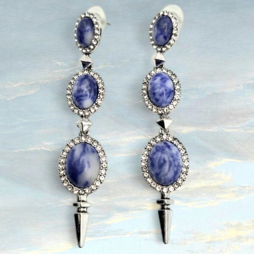 Long Silvertone Dangle Earrings Triple Rhinestone‎ Framed Sodalite Cabochons
